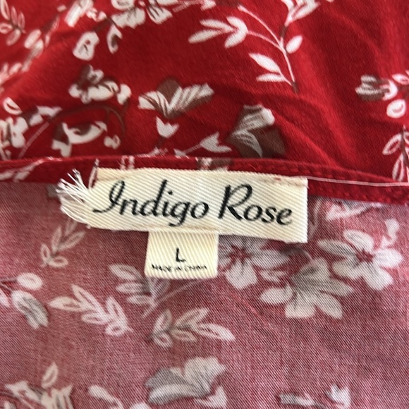 Red Indigo Rose Dress With White Floral Pattern V-Neck Sz L - Picture 6 of 6